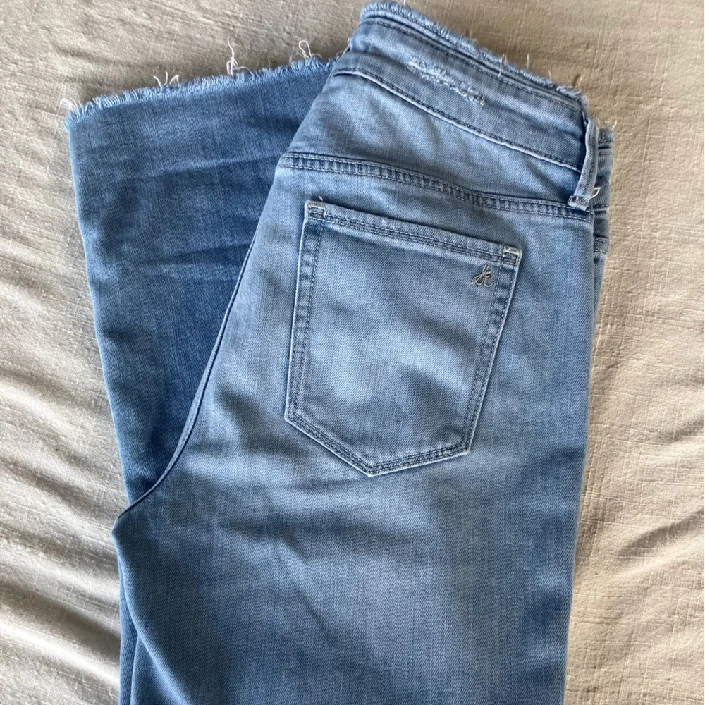Sam Edelman Blue stiletto crop boot hi rise fringe jeans fade